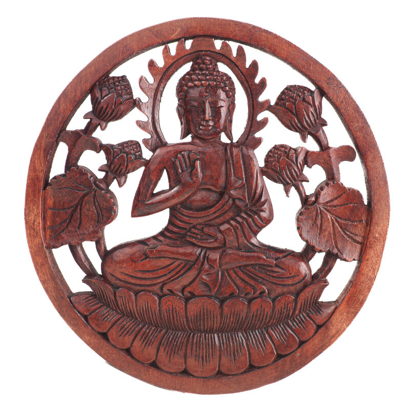 Závěsná dekorace dřevo Buddha kruh 30 cm tmavá