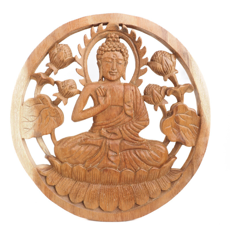 Závěsná dekorace dřevo Buddha kruh 30 cm světlá