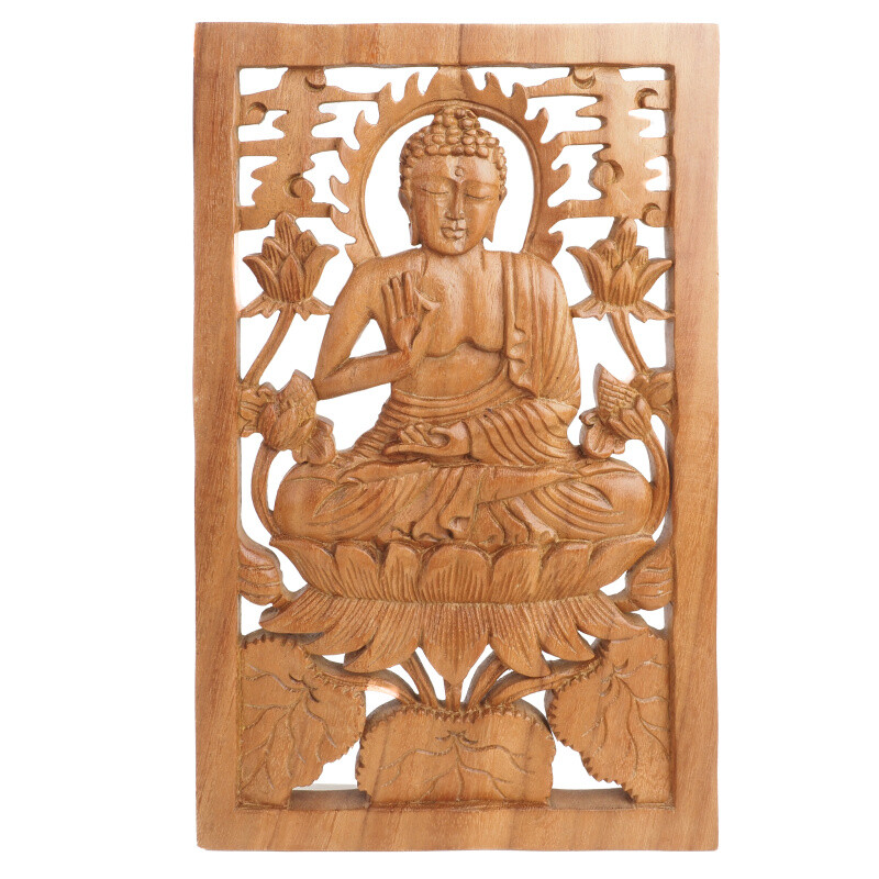 Závěsná dekorace dřevo Buddha 25 x 40 cm světlá
