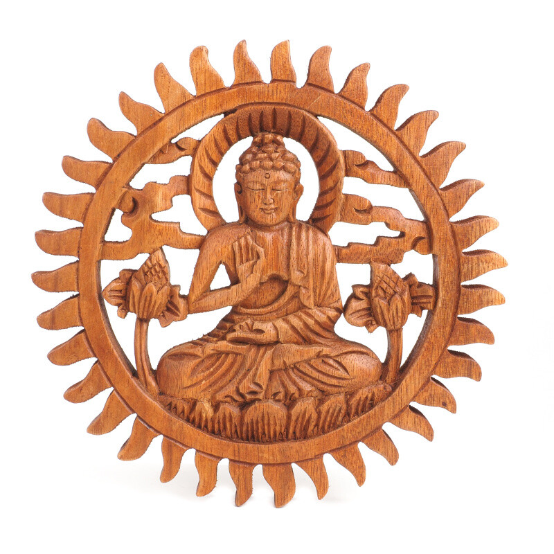 Závěsná dekorace dřevo Buddha kruh 20 cm tmavá