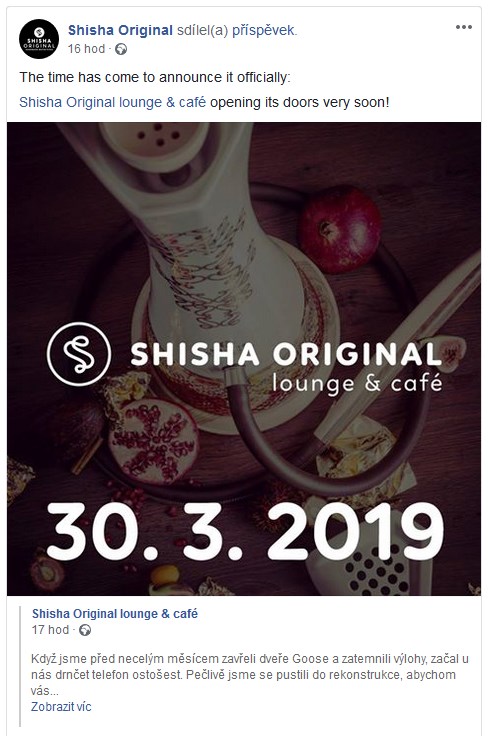 Značka Shisha Original oznámila otevření nově vznikajícího podniku na sociálních sítích.