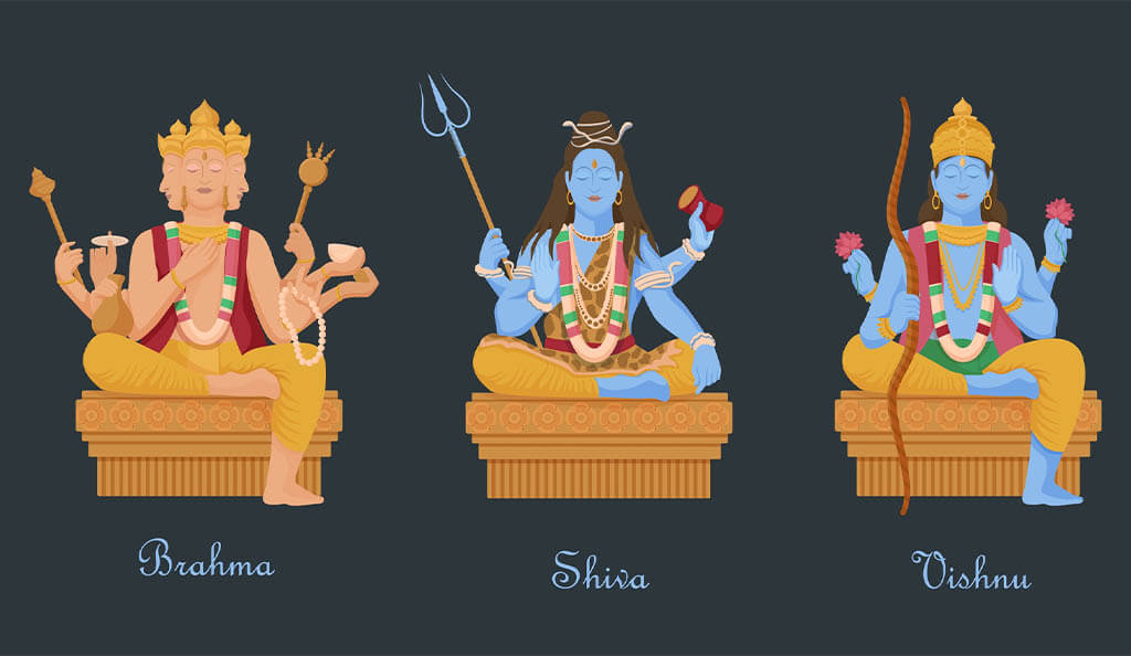 Tři hlavní bohové hinduismu - Brahma, Šiva a Višnu